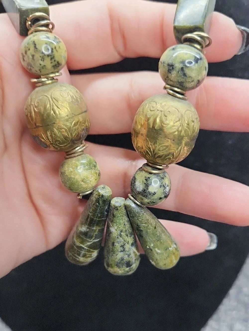 Handcrafted Green Stone and Gold-Tone Accent Necklace